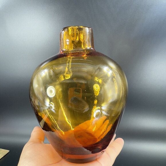 Vintage Hand Blown Amber Glass Jug Decanter Vase With Clear Applied Handle Glass - Picture 9 of 16